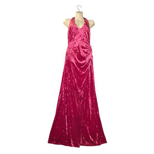 Lulus Womens Small Pink Velvet Maxi Dress Halter Slit Formal Prom Stretch NYE